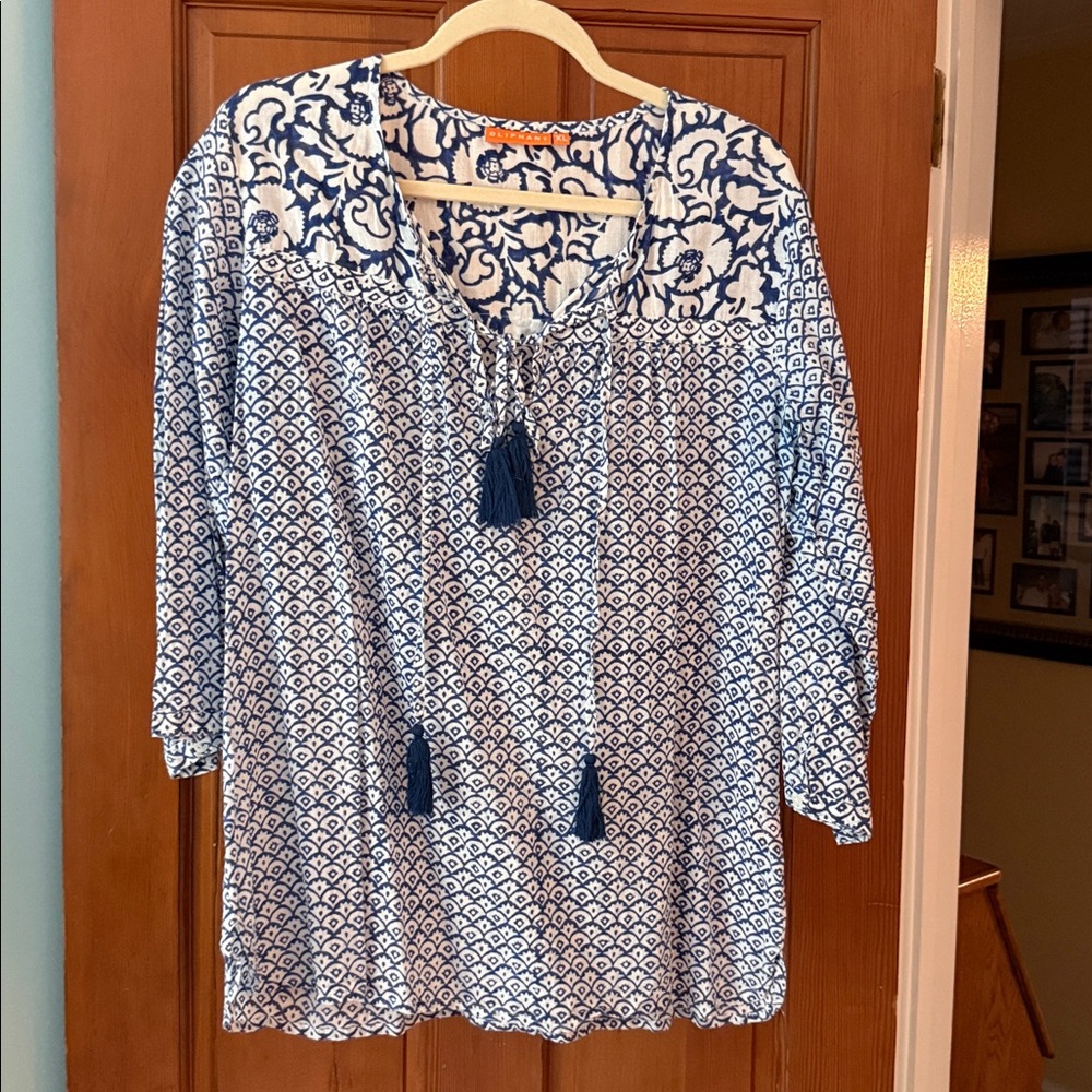 Oliphant Blue and White Patterned Top